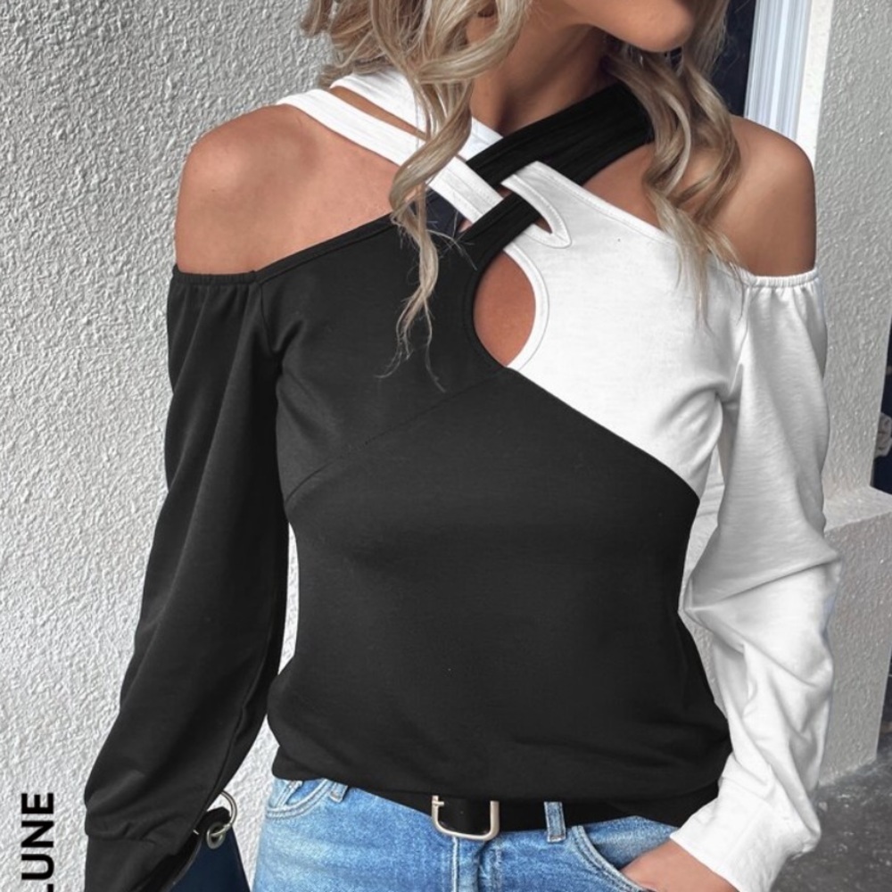 SHEIN BLACK AND WHITE COLOR BLOCK LONG SLEEVE OFF THE SHOULDER TOP WITH CUTOUTS